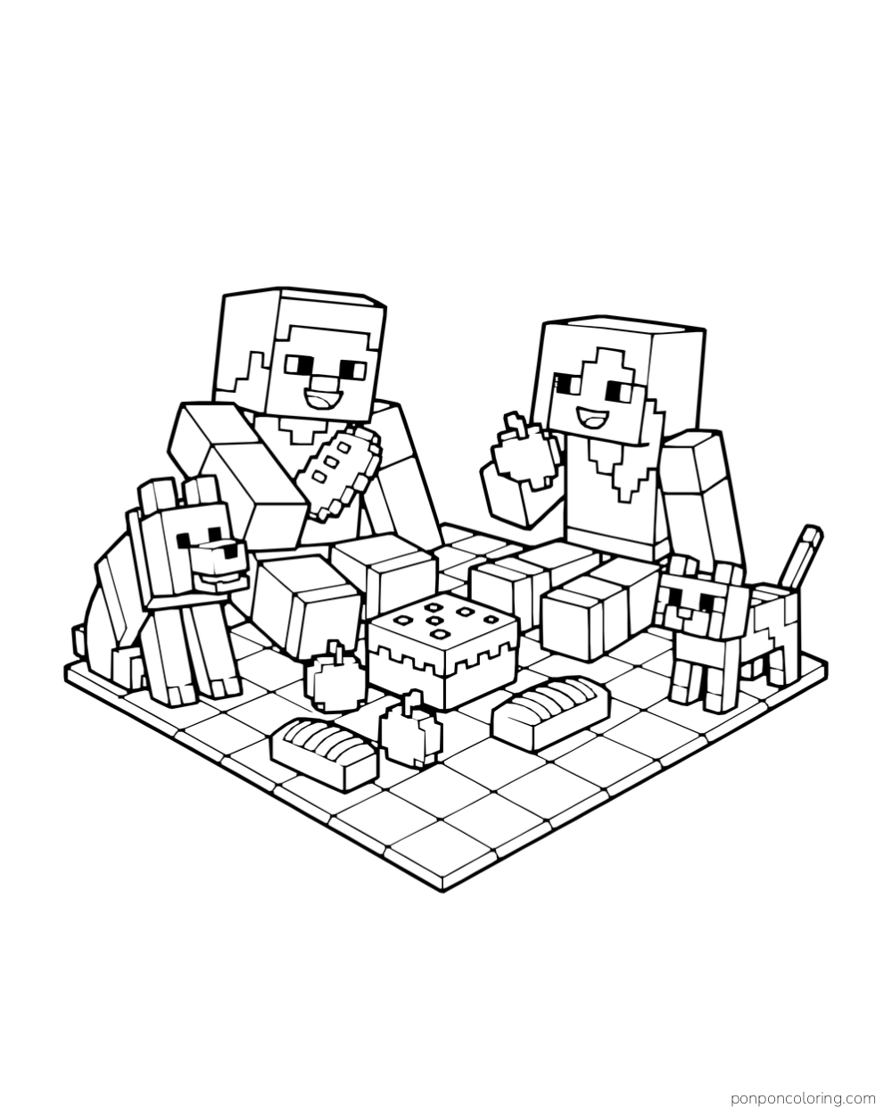 Steve and Alex sit on a checked picnic blanket with cake, bread, apples, a wolf, and a cat.
