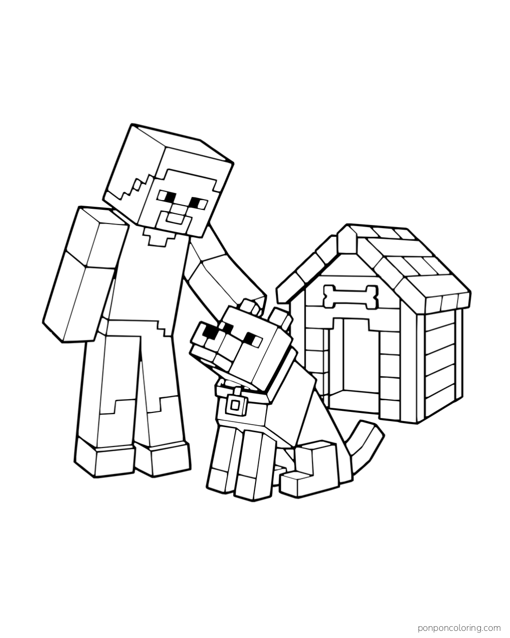 Steve pets a seated wolf beside a wooden doghouse.