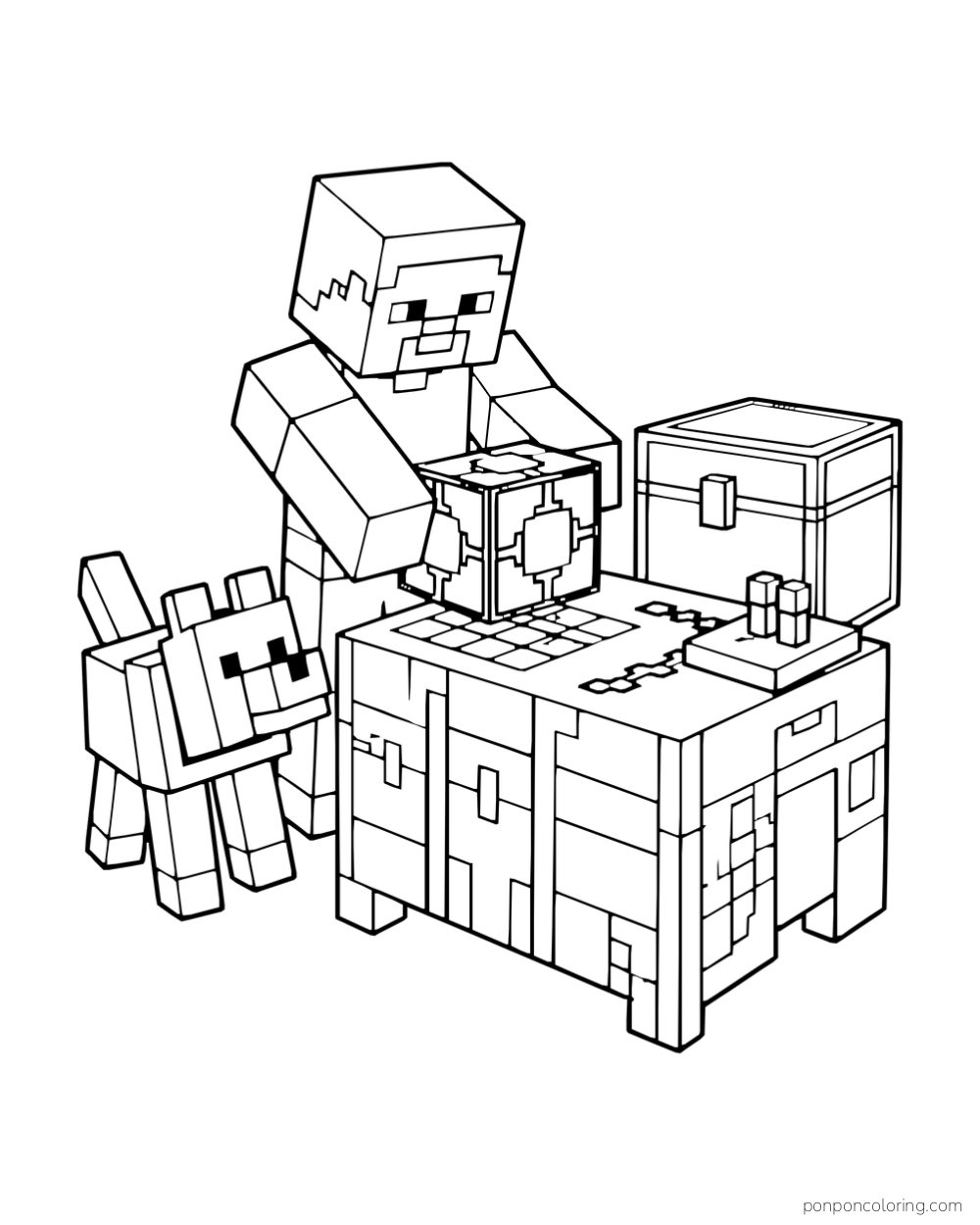 Steve works on a small block at a crafting table while a wolf watches beside him.