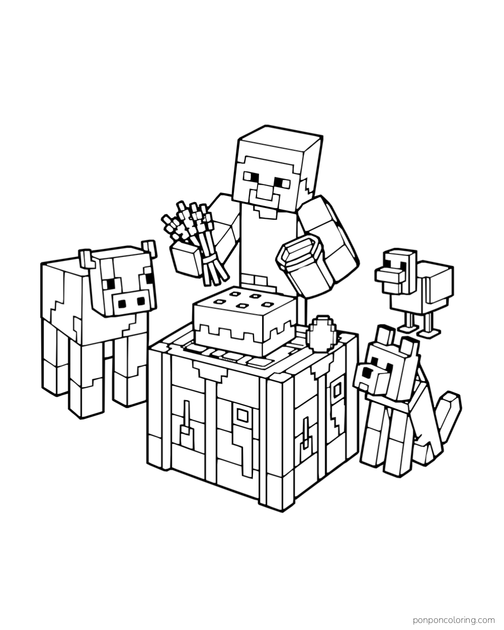 Steve holds wheat and a milk bucket beside a cake on a crafting table, with a cow, chicken, and wolf nearby.