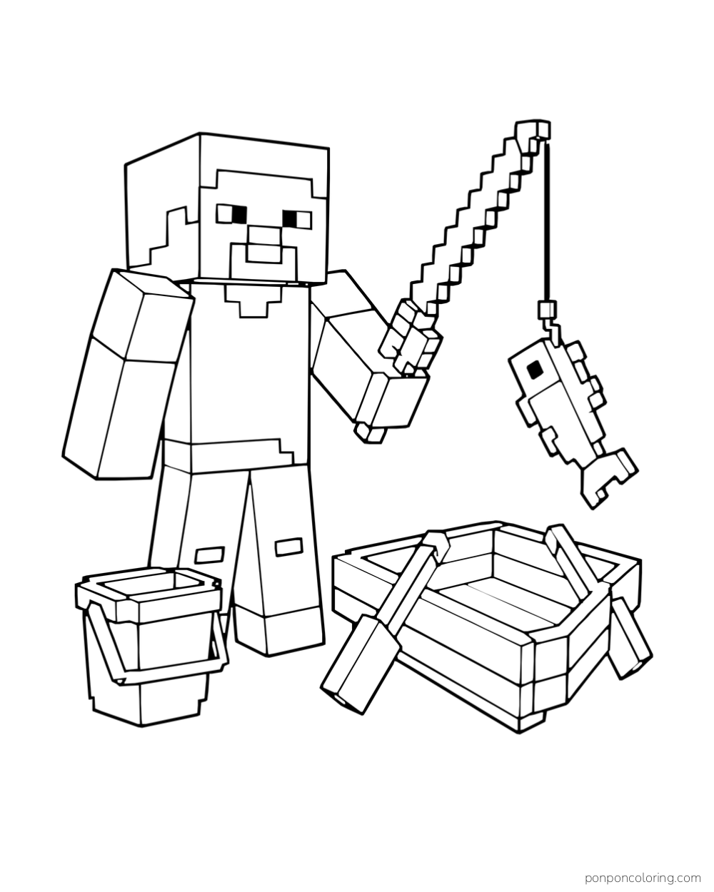 Steve lifts a fish on his fishing rod above a boat and bucket.