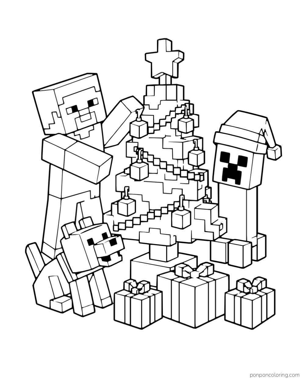 Steve decorates a blocky Christmas tree beside a wolf, wrapped gifts, and a creeper wearing a Santa hat.
