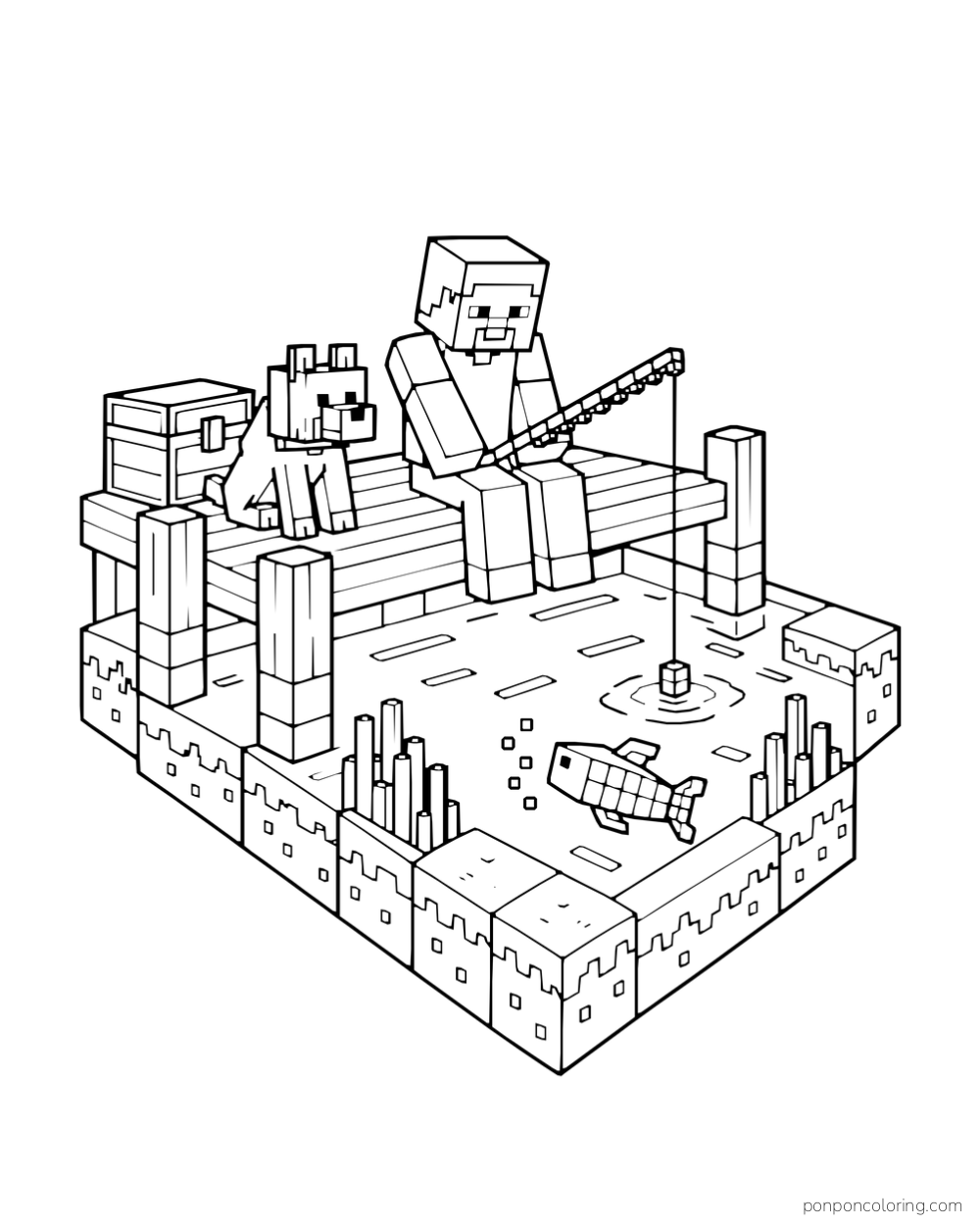 Steve fishes from a wooden dock above a square pond while a wolf sits beside him.