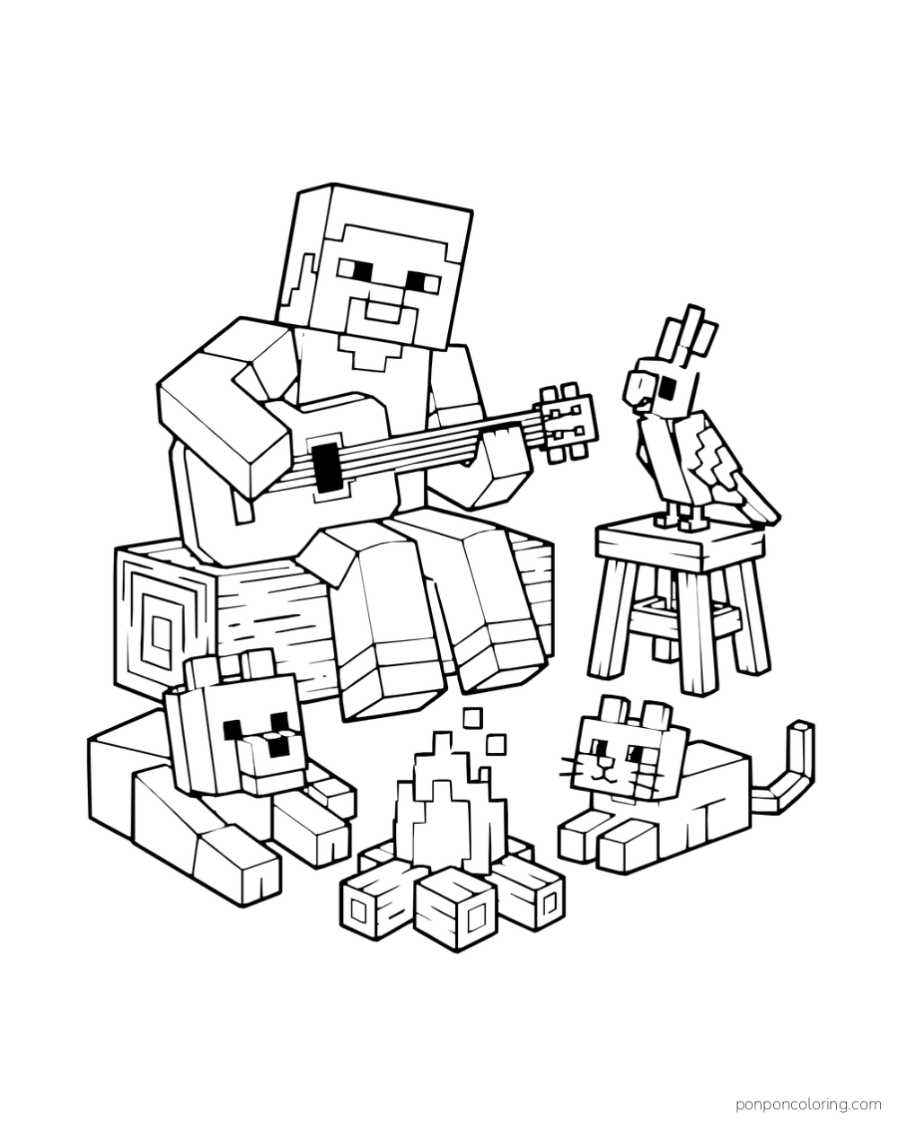 Steve plays guitar on a log beside a parrot on a stool, a wolf, a cat, and a small campfire.