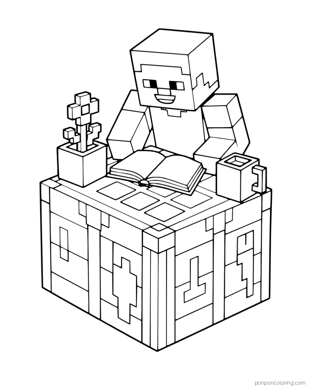 Steve reads an open book at a crafting table beside a potted flower and square mug.