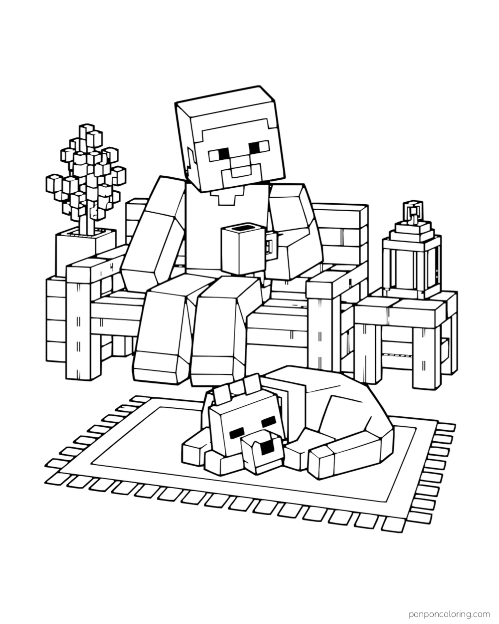 Steve holds a square mug on a wooden bench beside a resting wolf, a lantern, and a blocky potted tree.