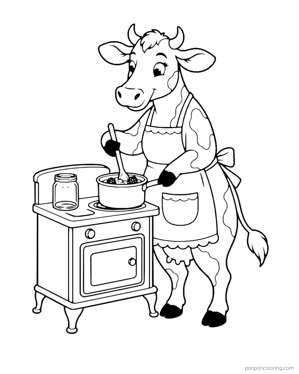 A cow in an apron stirs a pot on a small stove beside a jar.