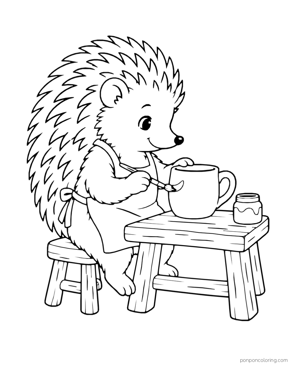 A hedgehog in an apron stirs a mug at a low table beside a small jar.