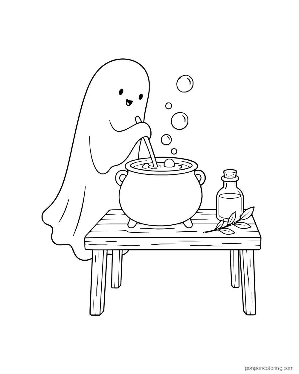 A ghost stirs a bubbling pot on a table beside a bottle and leafy sprig.