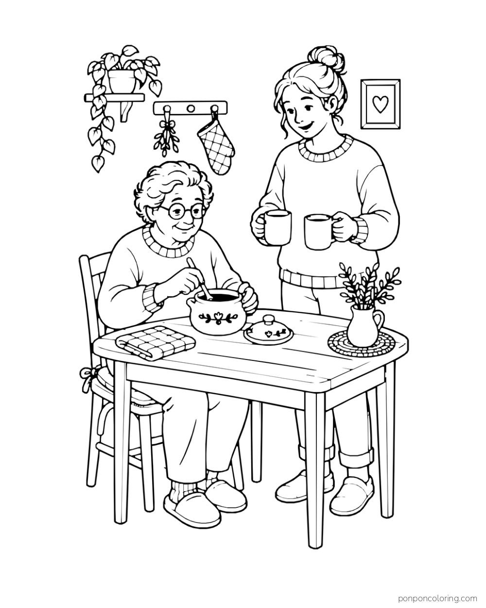 An older adult stirs cocoa at a table while another adult stands nearby holding two mugs.