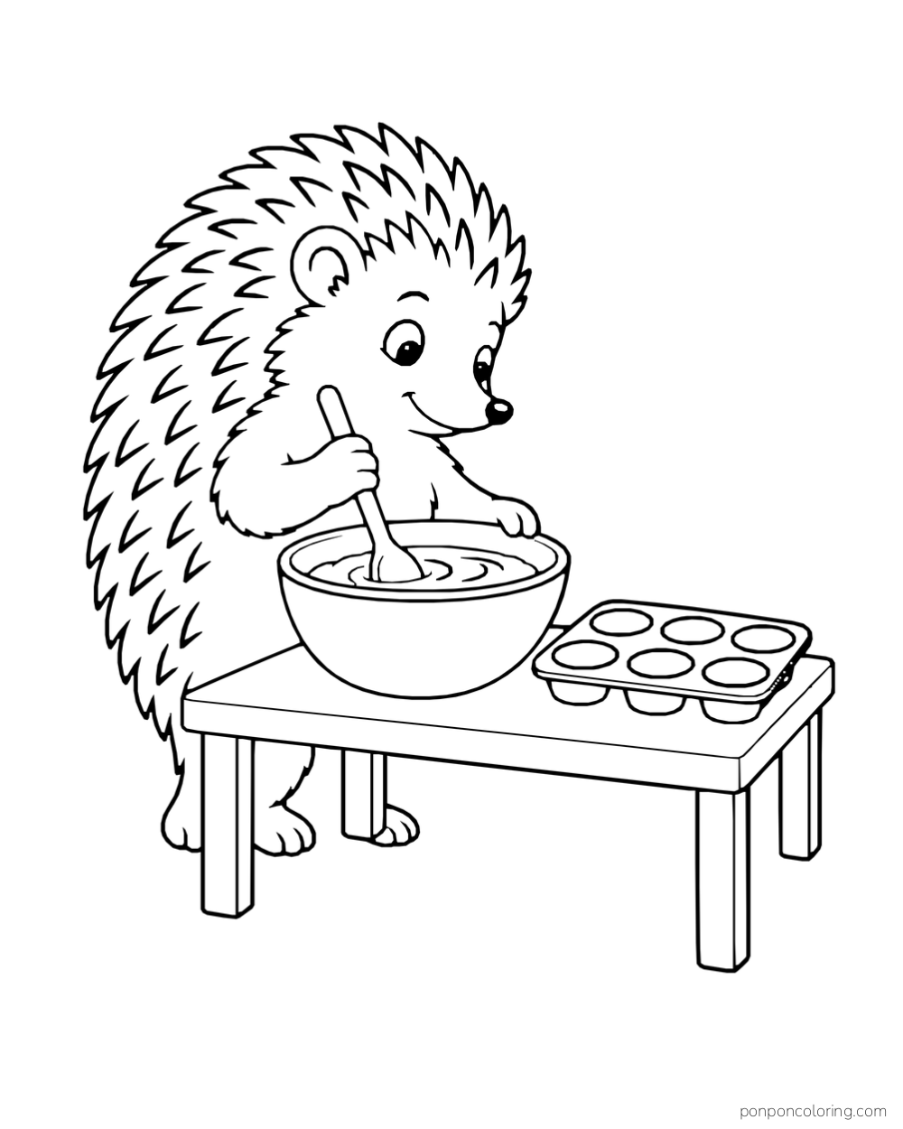 A hedgehog stirs batter in a bowl beside a six-cup baking pan on a small table.