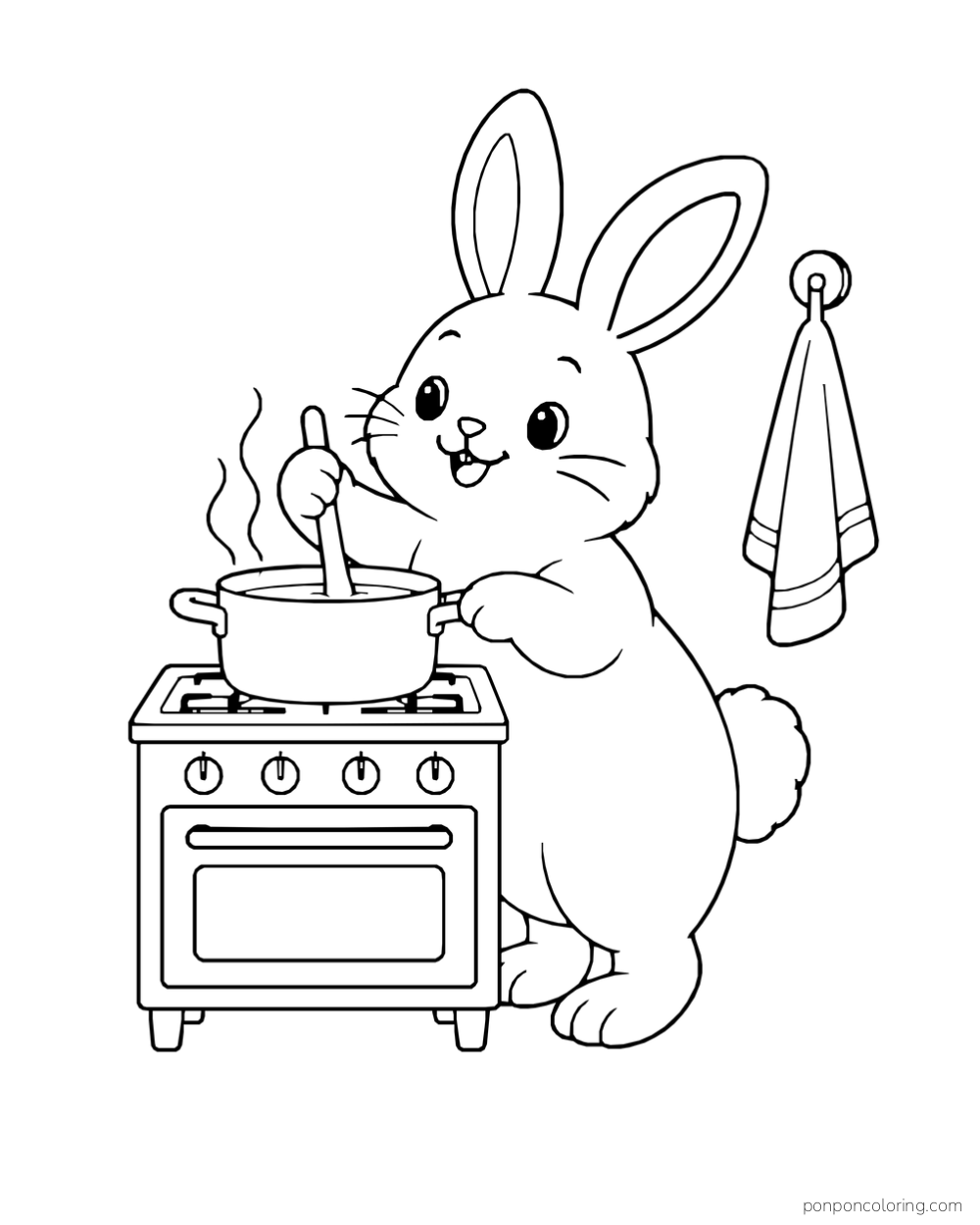 A rabbit stirs a steaming pot on a small stove beside a hanging towel.