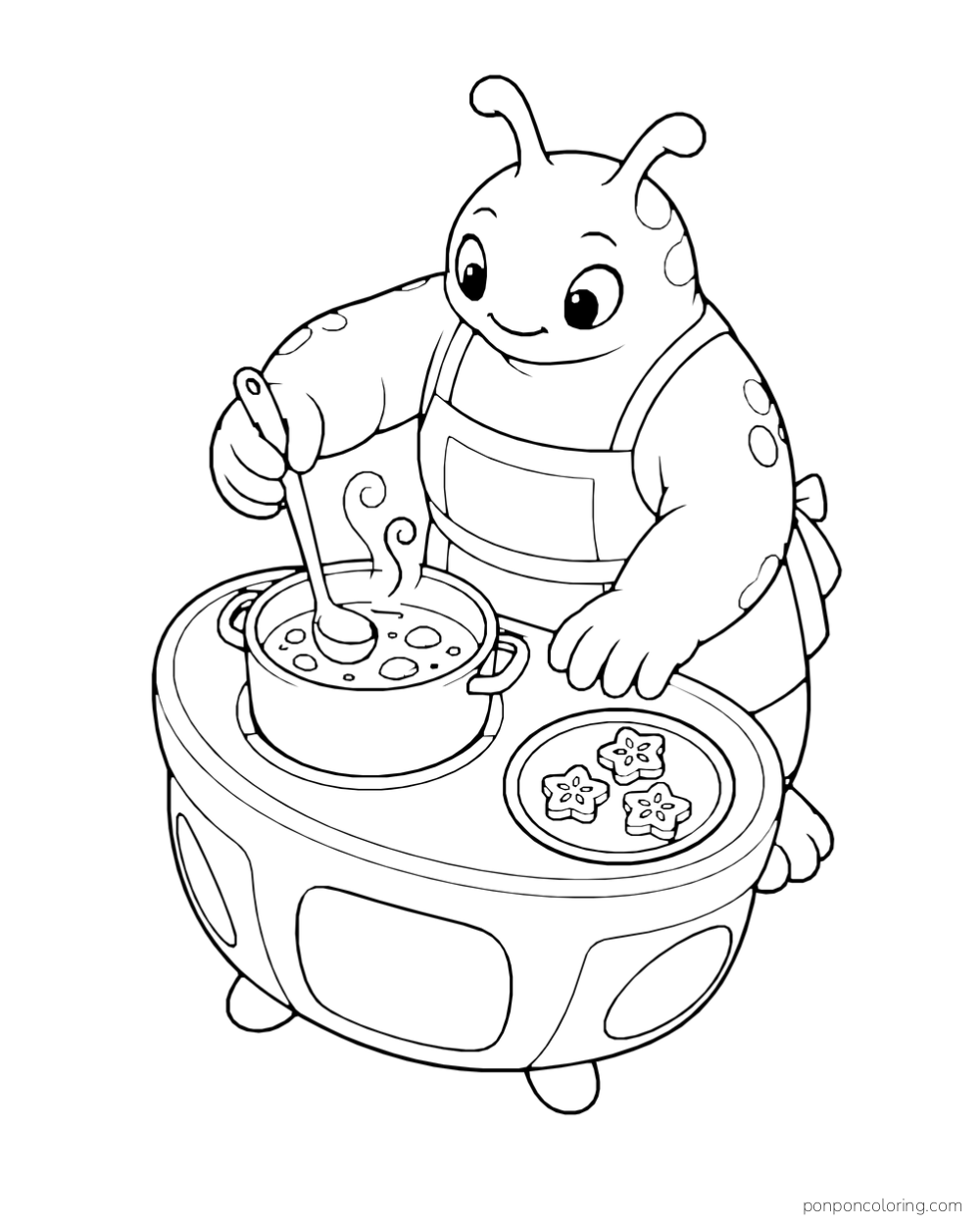 An alien stirs soup beside a plate of star-shaped vegetables.