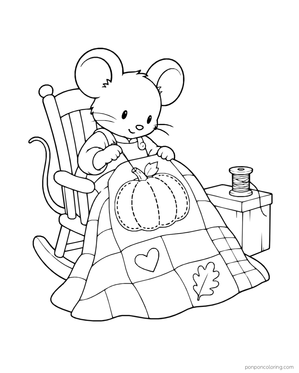 A mouse in a rocking chair sews a pumpkin applique onto a patchwork quilt, with a spool on a box beside it.