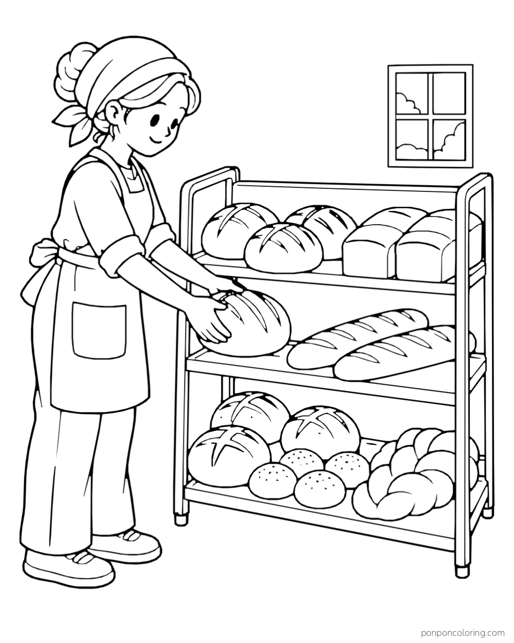 A bakery worker places a loaf on a tall rack filled with baguettes, round loaves, and rolls.