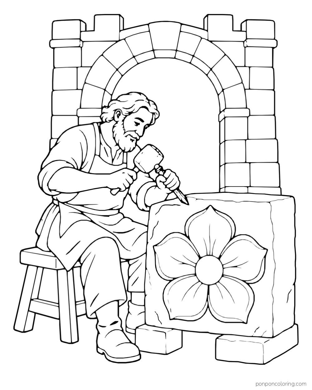 A craftsperson using a mallet and chisel on a large stone block carved with a flower, in front of a castle arch.