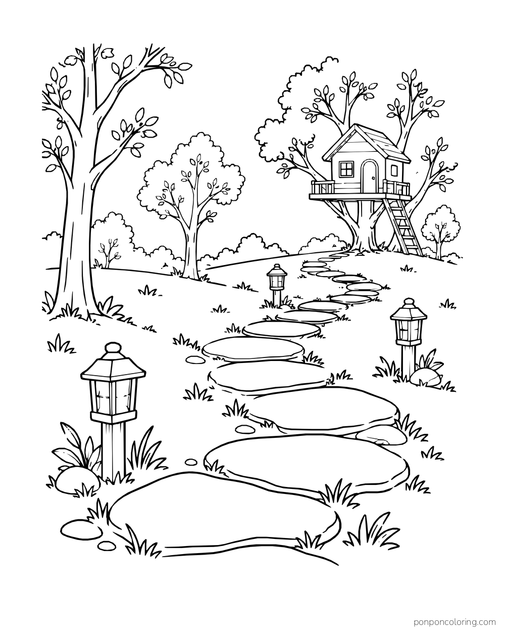 A stone path with short lantern posts winds through sparse trees toward a small treehouse.