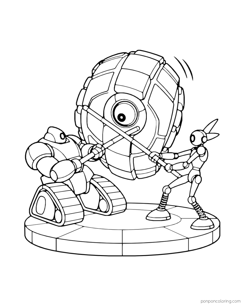 Two allied mechs cross staffs to stop a rogue rolling crusher.