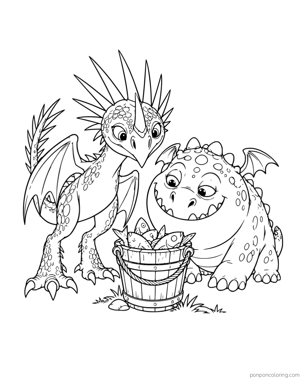 Stormfly and Meatlug leaning toward a bucket of fish.