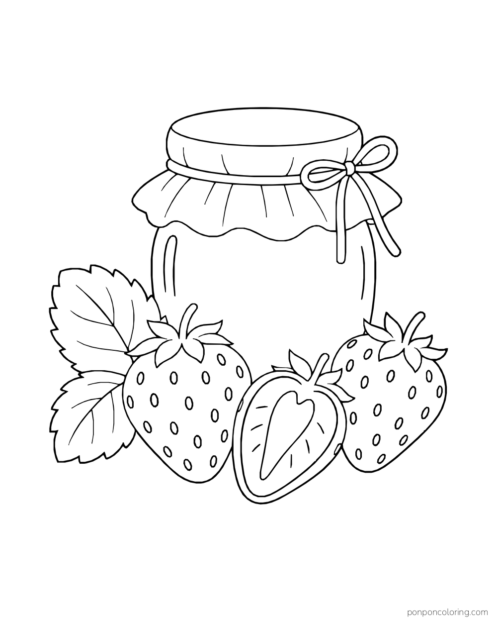Two whole strawberries and one cut half beside a cloth-covered jam jar and two broad leaves.