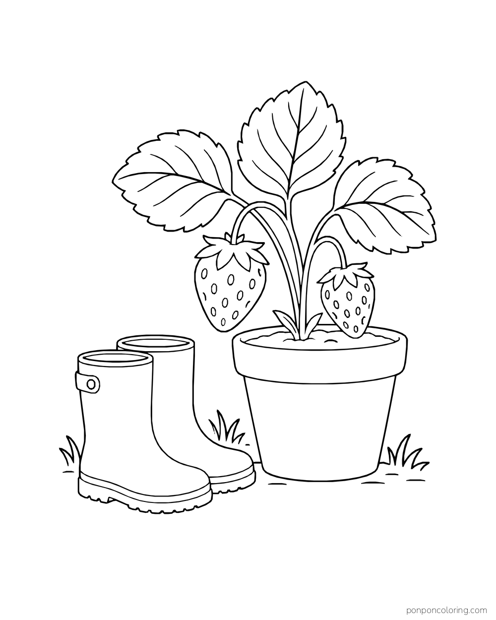 A pair of rain boots stands beside a potted strawberry plant with two berries.