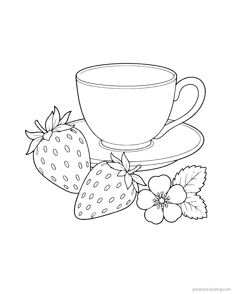 A teacup and saucer sit behind two strawberries, a blossom and leaves.