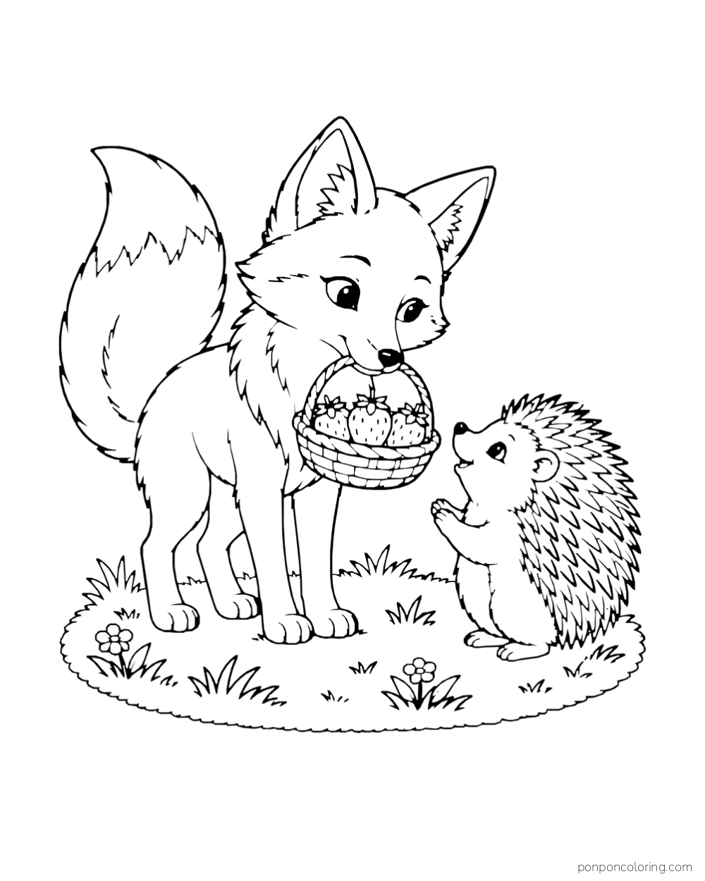 A fox carries a shallow strawberry basket toward a small hedgehog.