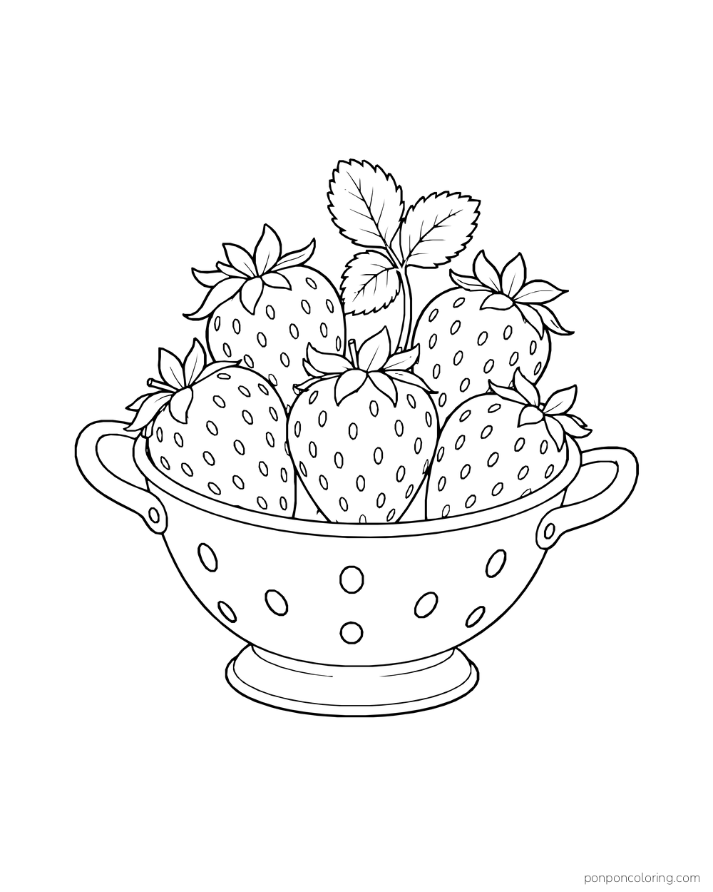 A handled colander with round holes holds five strawberries and a leafy stem.
