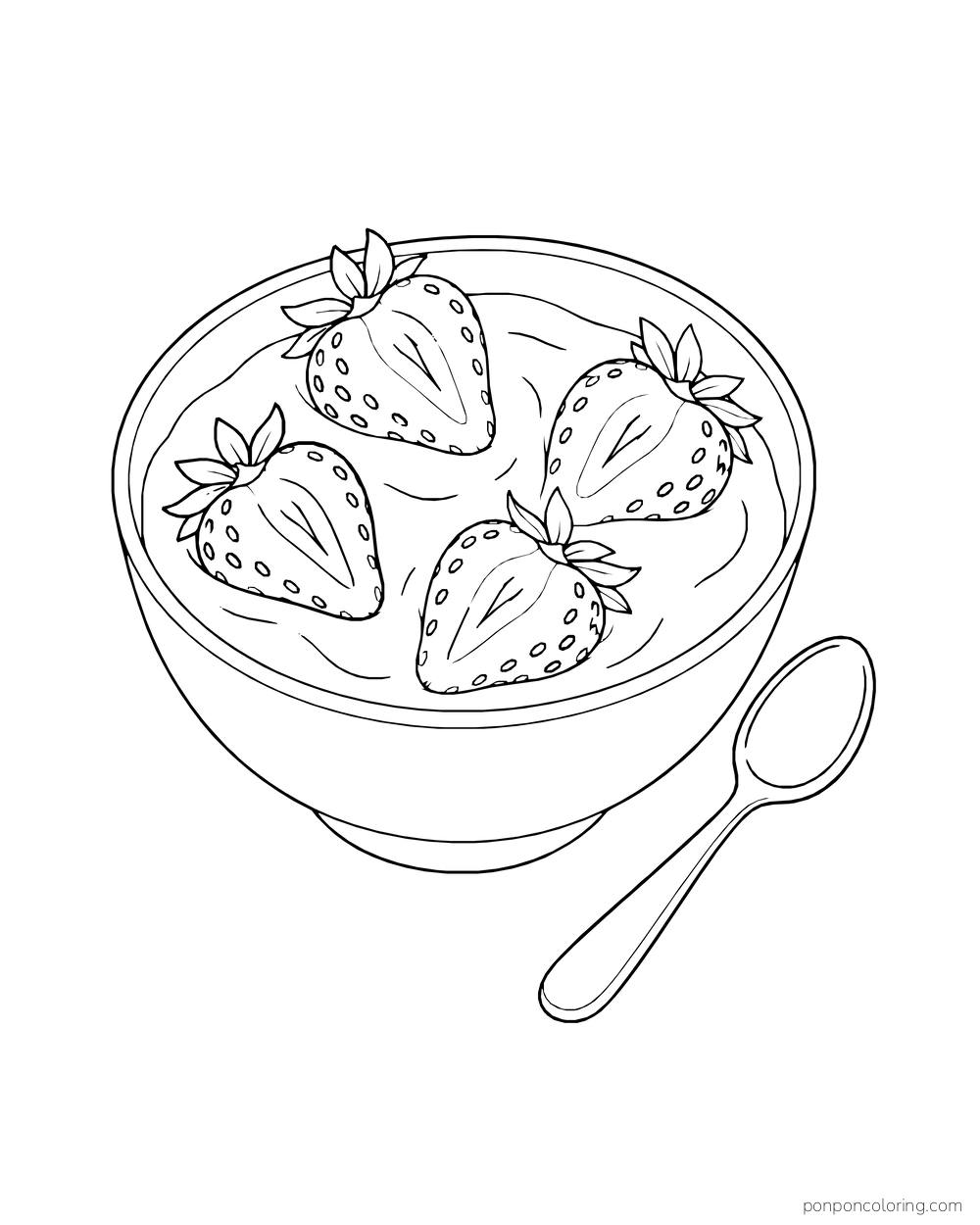 Four strawberry halves rest on a smooth bowl of yogurt beside a spoon.