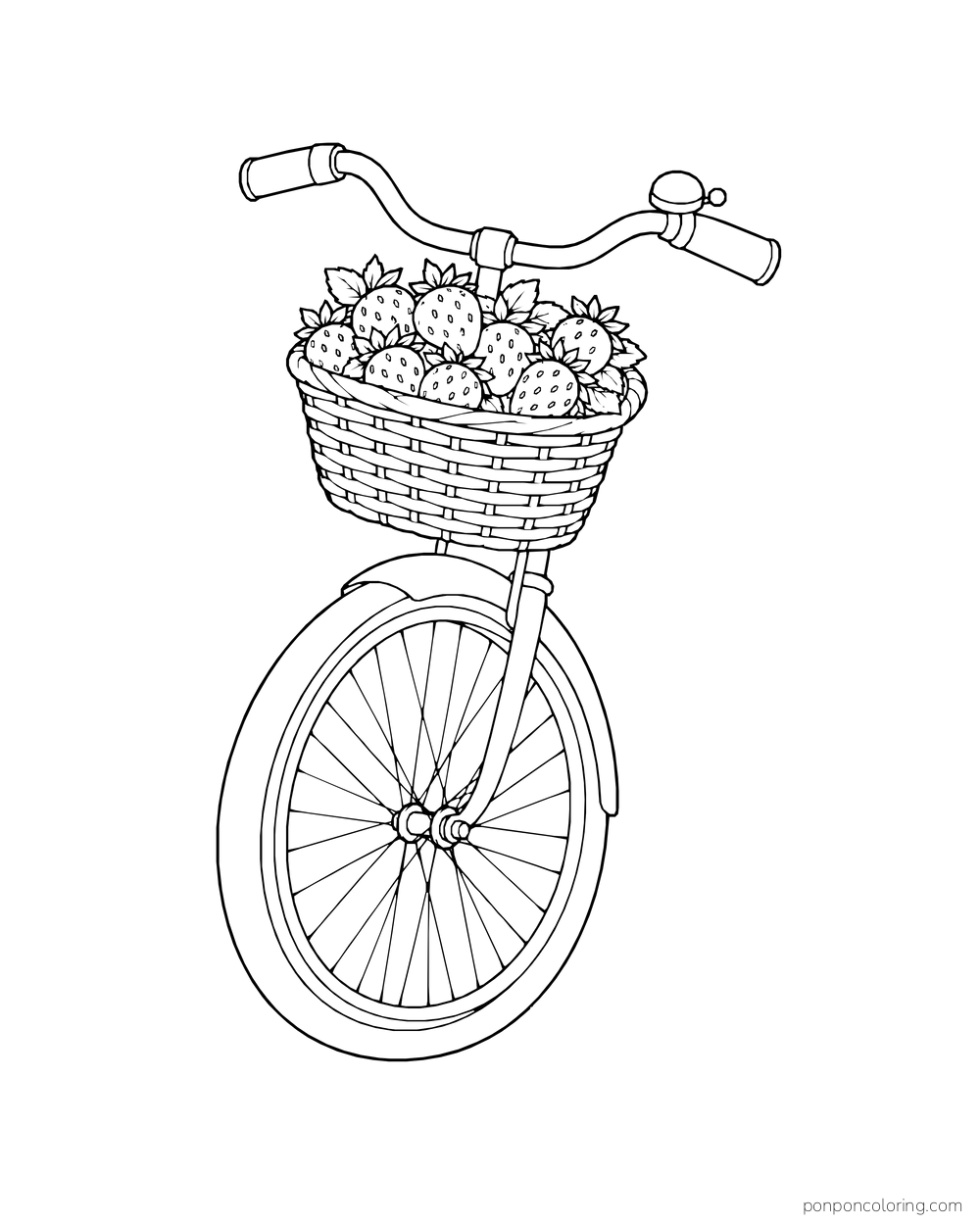 A bicycle front basket brims with strawberries above a complete spoked front wheel.