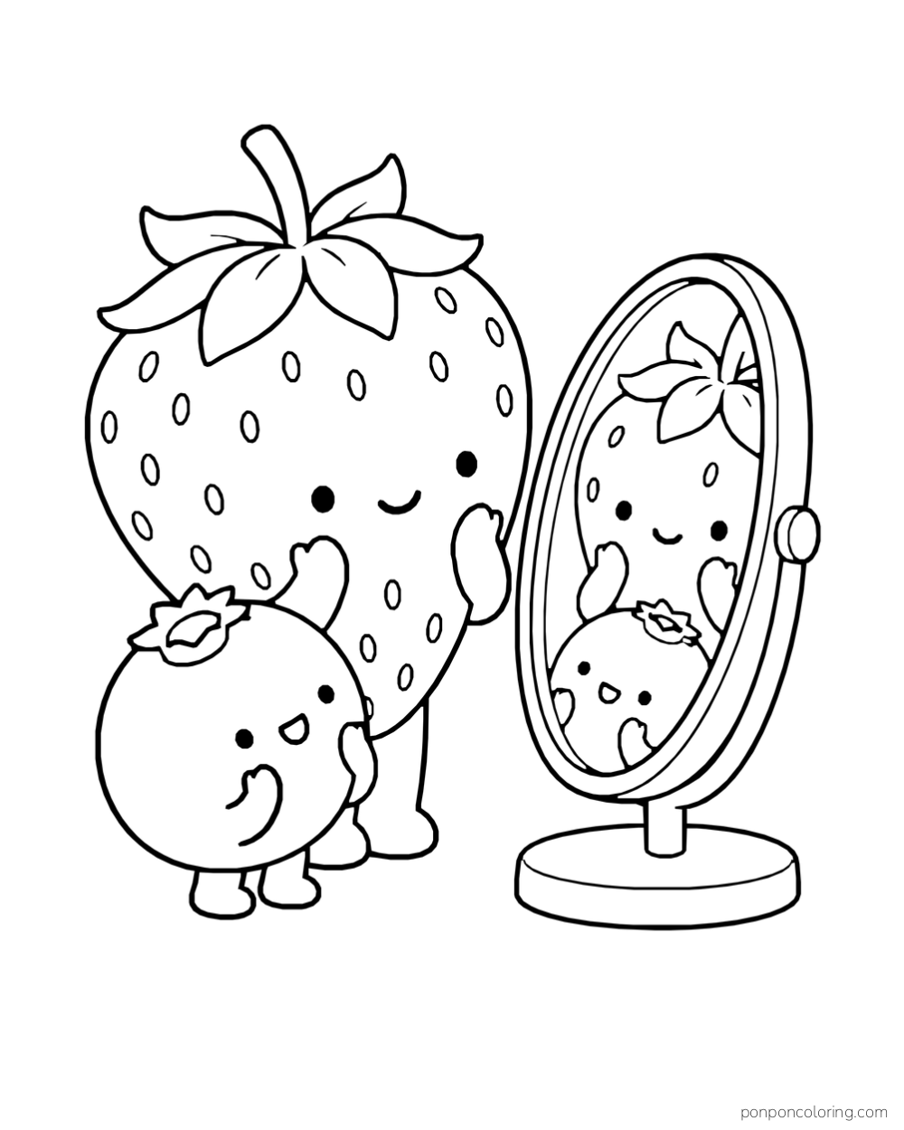 A strawberry and a blueberry look at their reflections in an oval standing mirror.