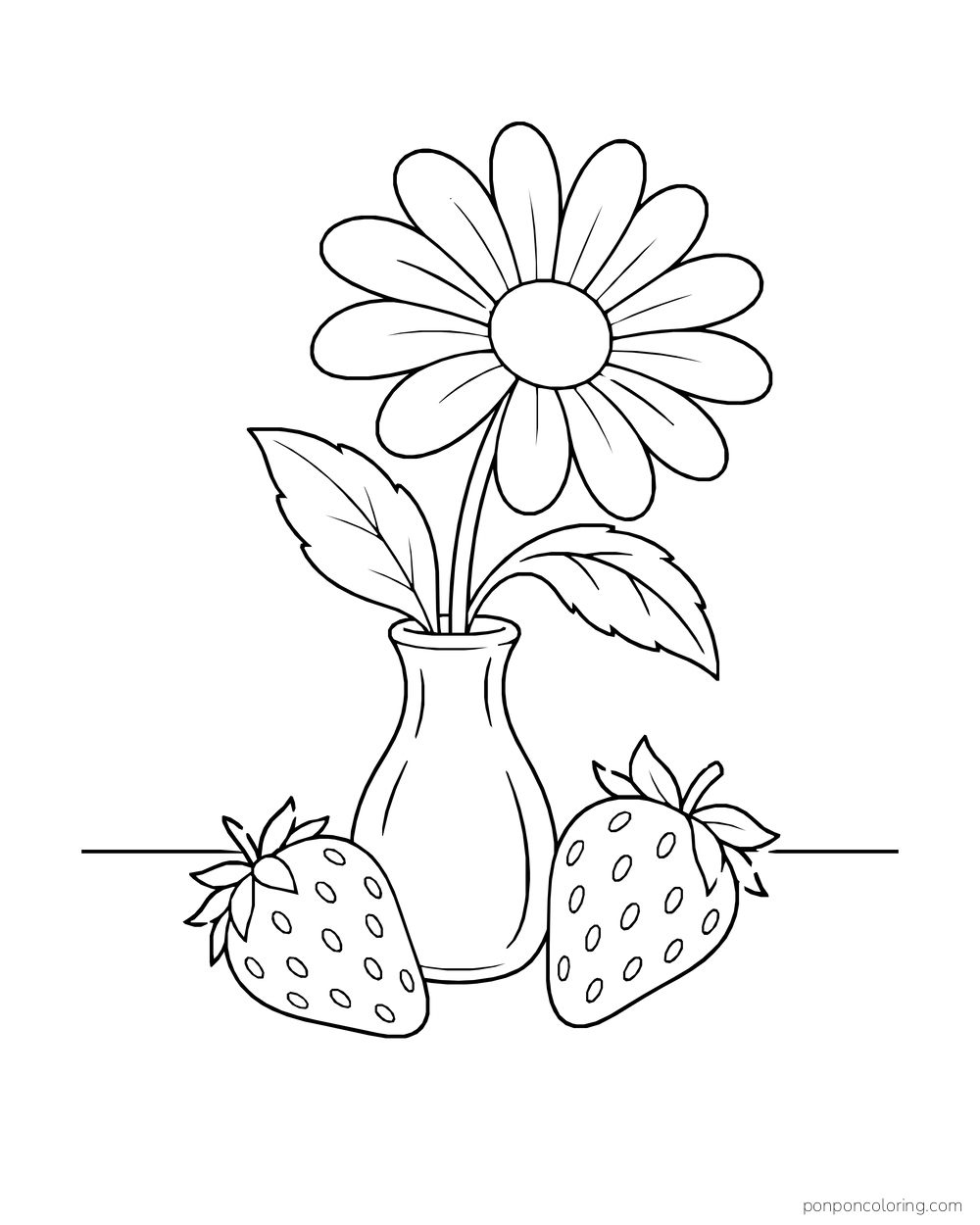 A large daisy in a short vase stands between two strawberries on a tabletop.