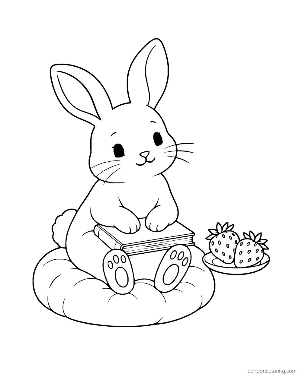 A rabbit rests on a cushion with a closed book on its lap and two strawberries on a saucer.
