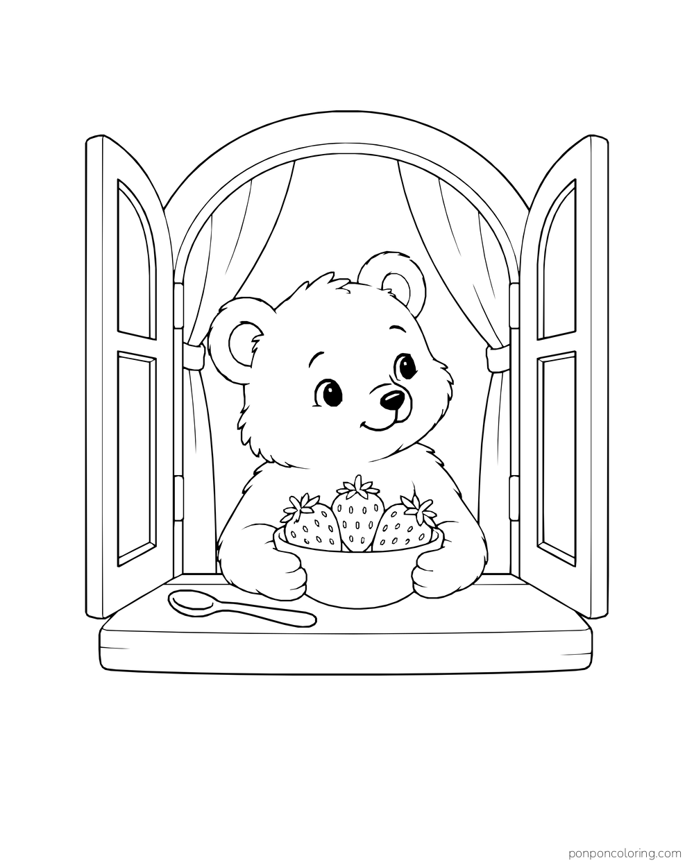 A bear cub holds a bowl of strawberries on the sill of an open arched window.