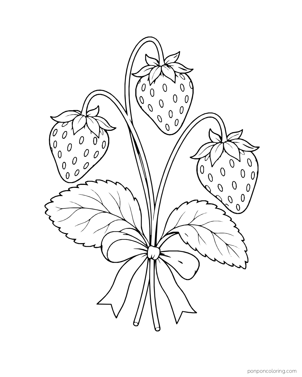 Three hanging strawberries and broad leaves are tied together with a loose ribbon bow.