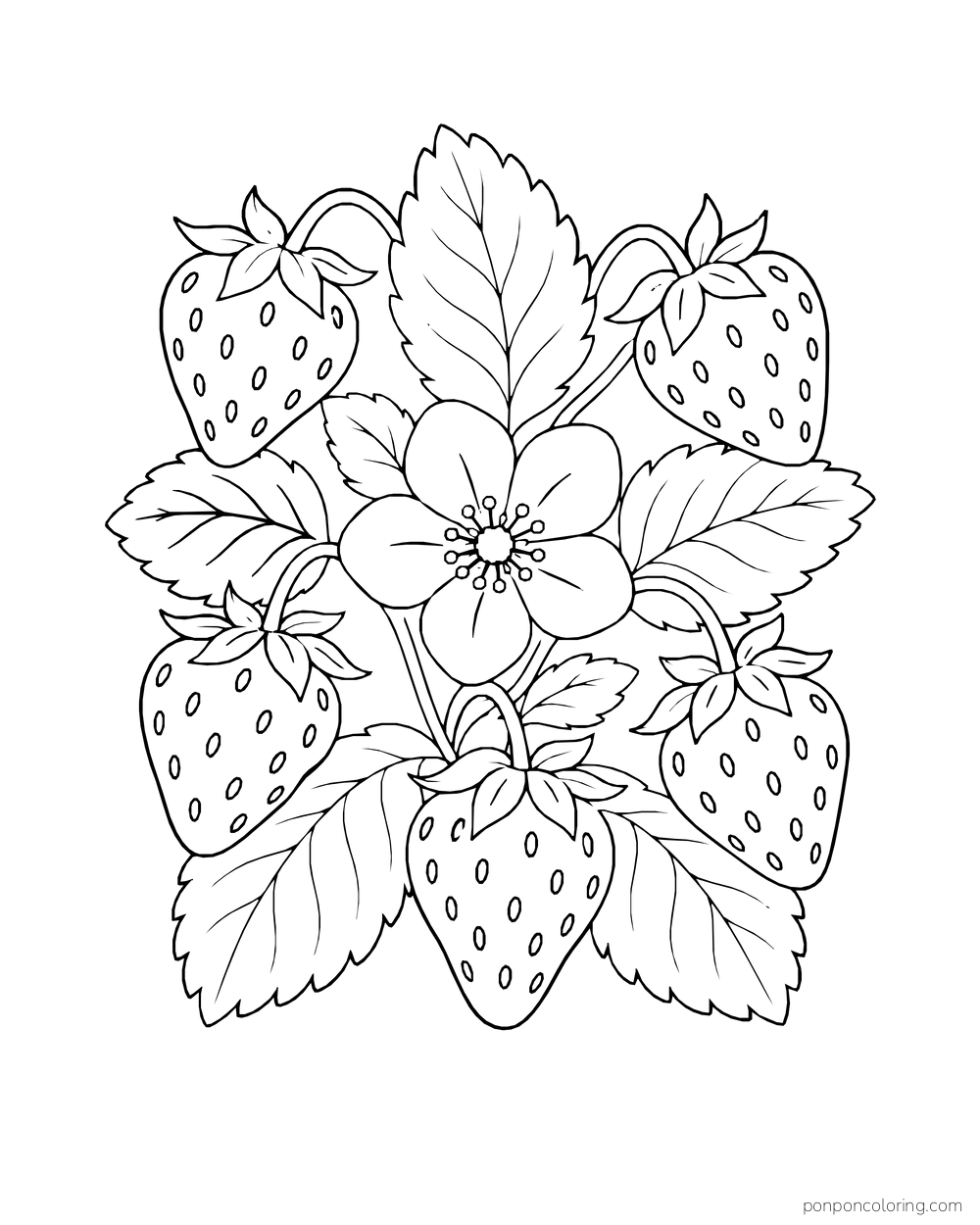Five strawberries, broad leaves and one central blossom form a balanced ornament.