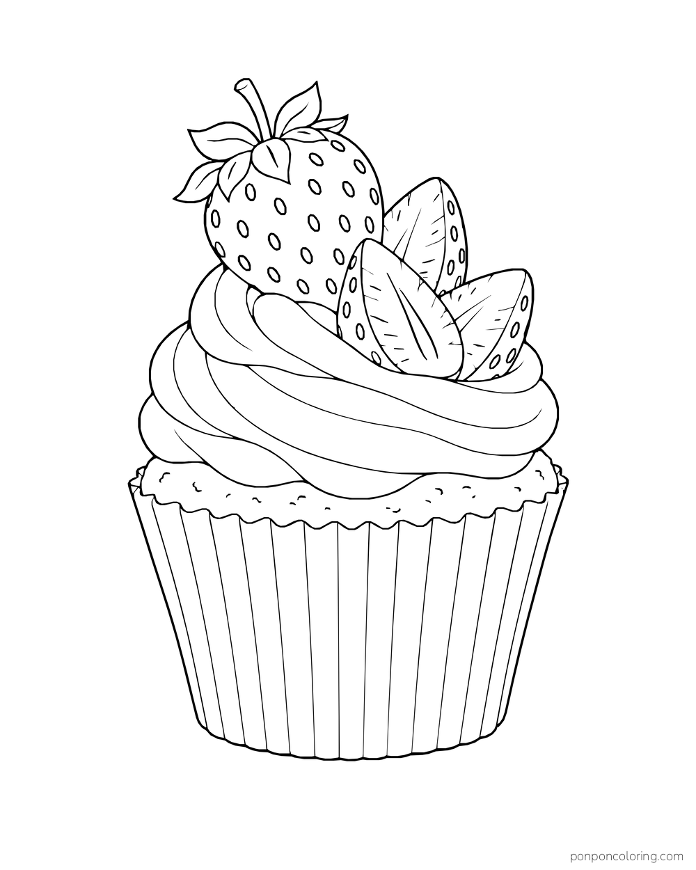 A tall cupcake has a swirled topping, strawberry pieces and a pleated paper wrapper.