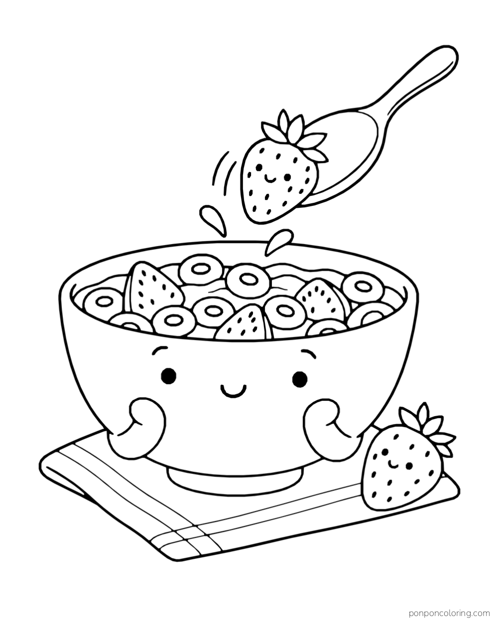 A strawberry drops from a spoon toward a smiling cereal bowl on a folded cloth.