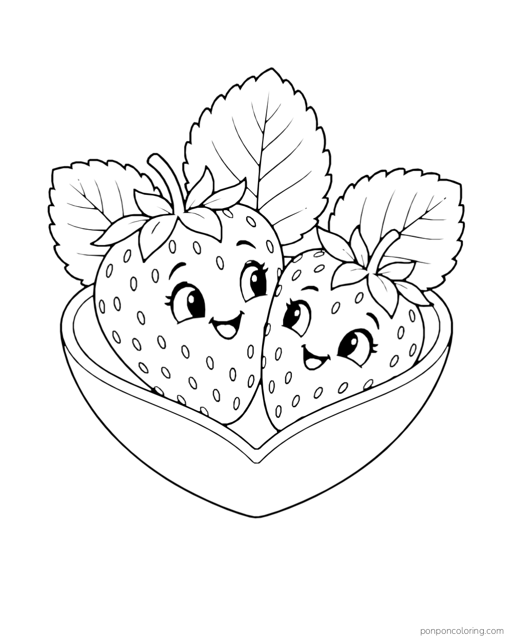Two smiling strawberries sit together in a heart-shaped dish beneath broad leaves.