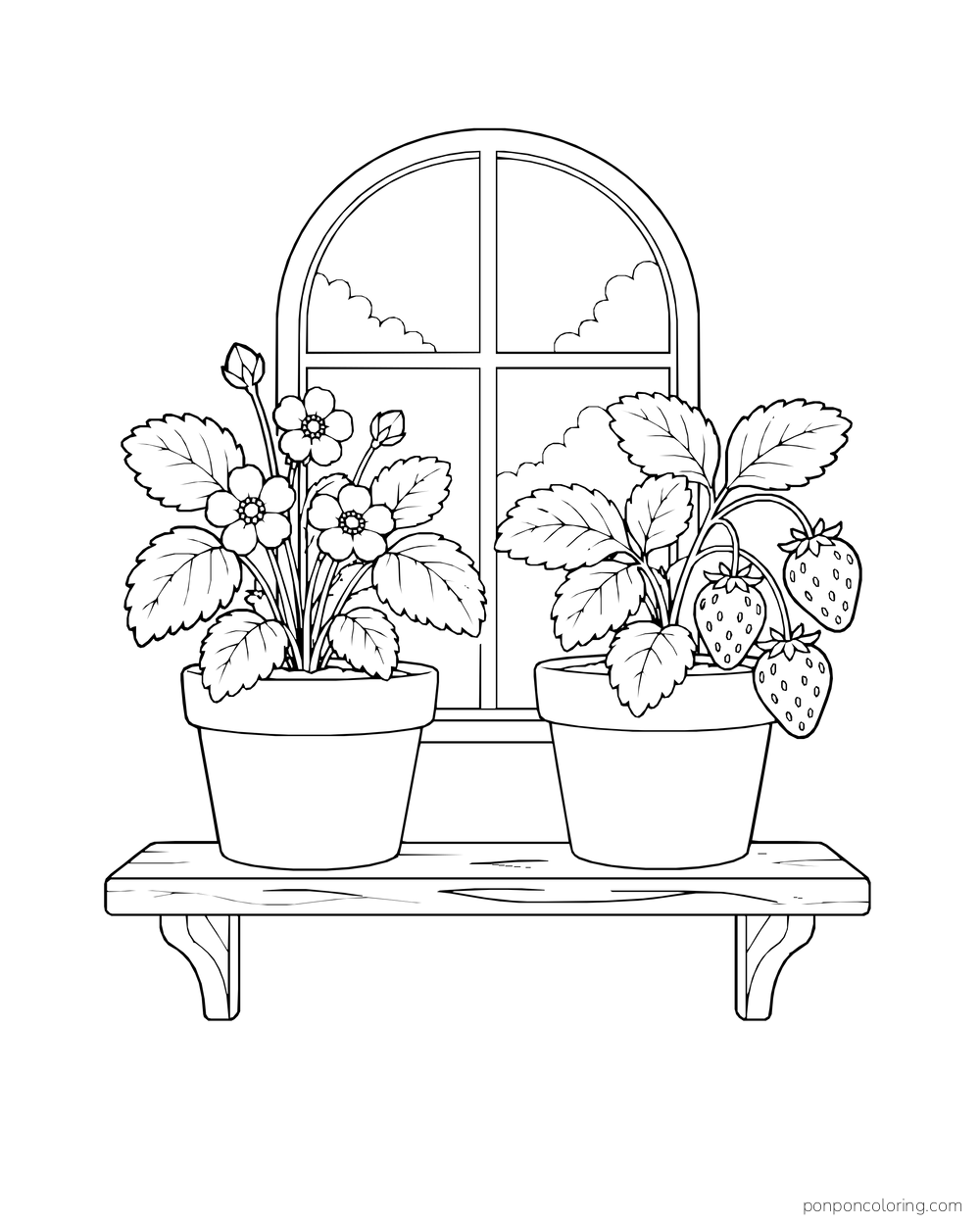 Two strawberry pots sit on a shelf below an arched greenhouse window.