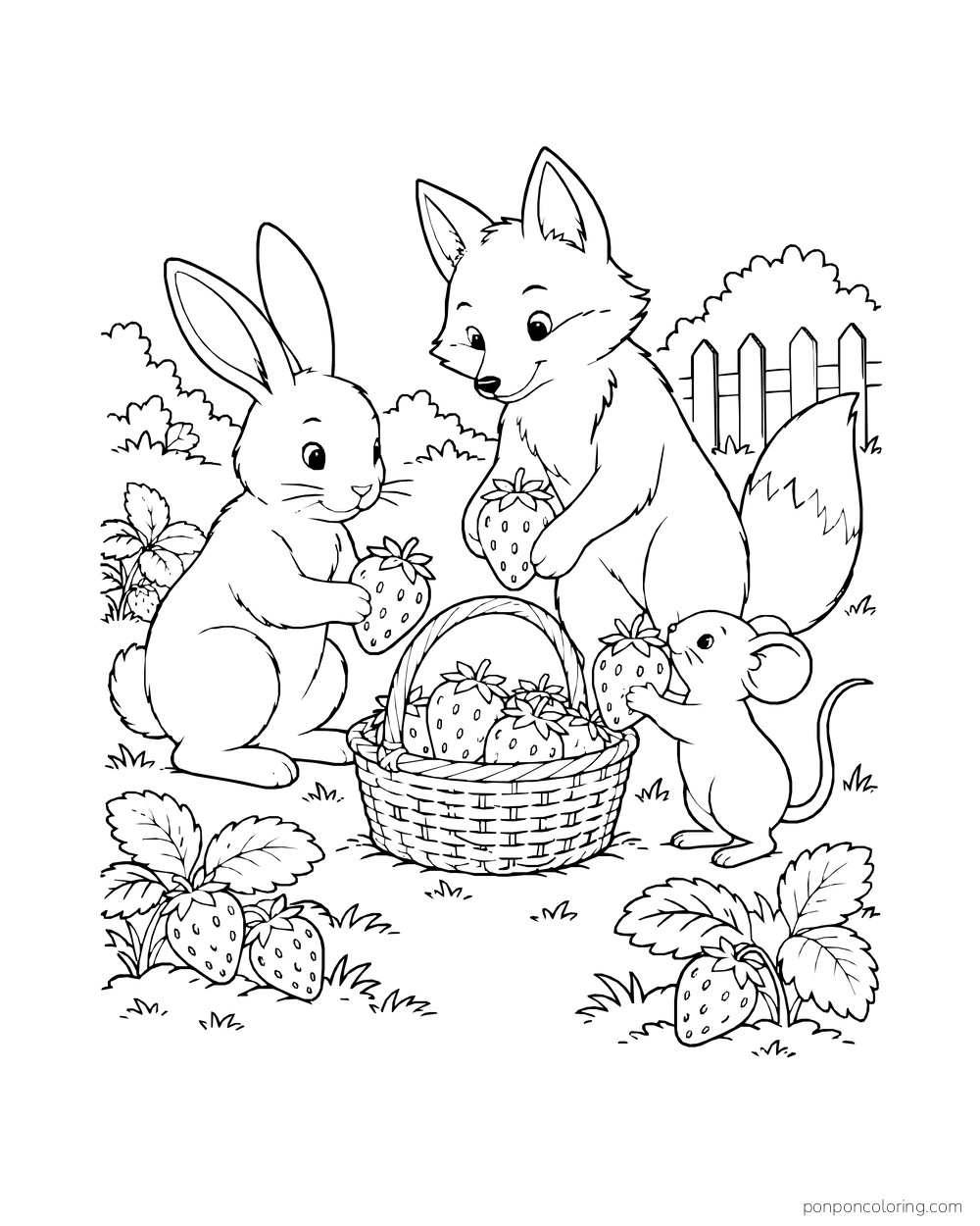 A rabbit, fox and mouse gather strawberries around one low basket in a simple garden.