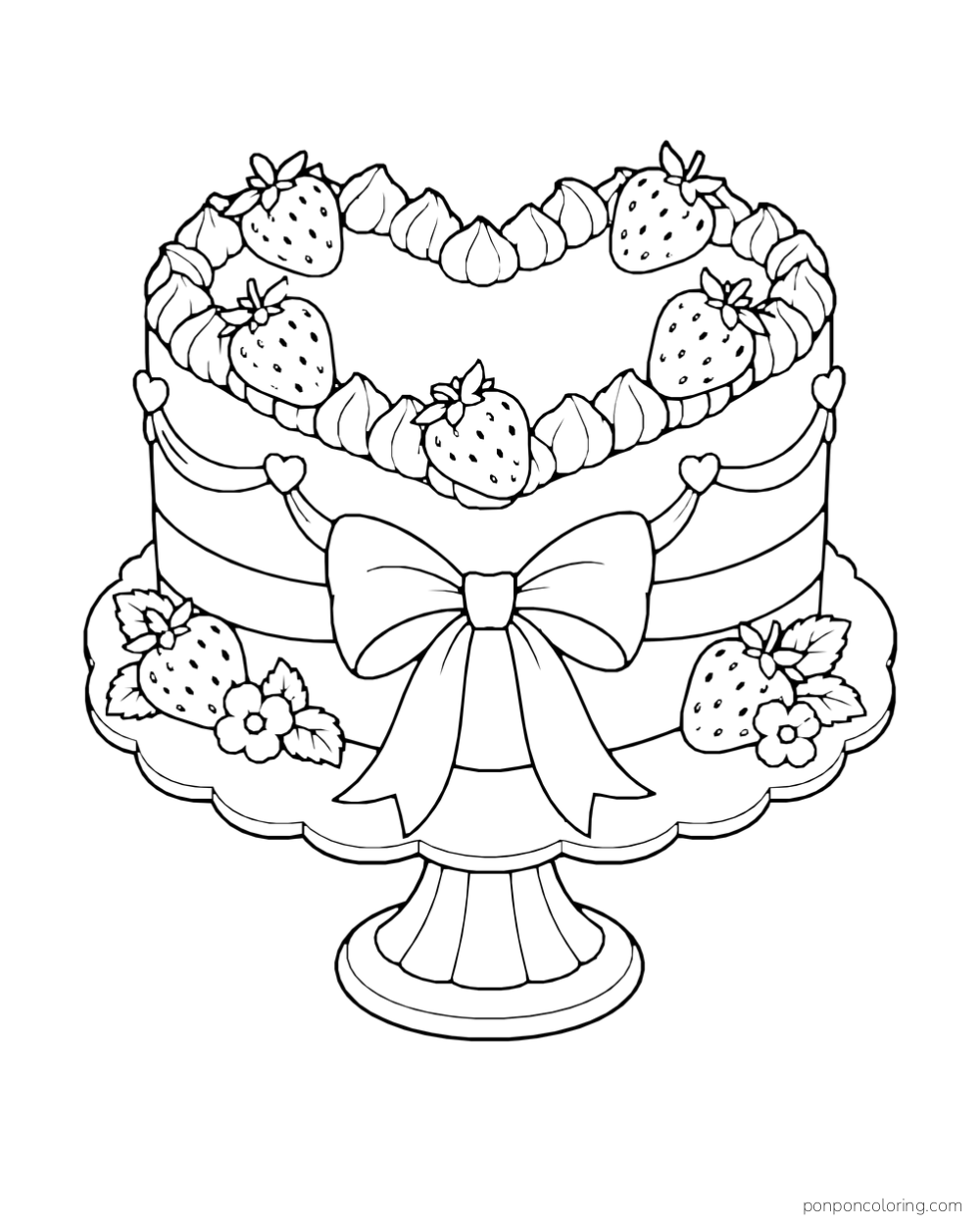 A heart-shaped cake with strawberries, piped frosting, and a large bow sits on a pedestal.