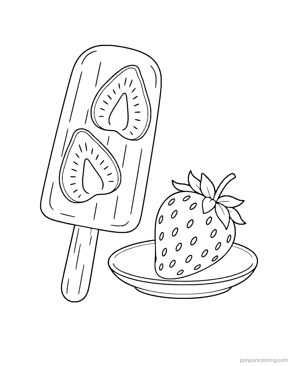 A strawberry ice pop with two fruit-slice outlines stands beside a whole berry on a saucer.
