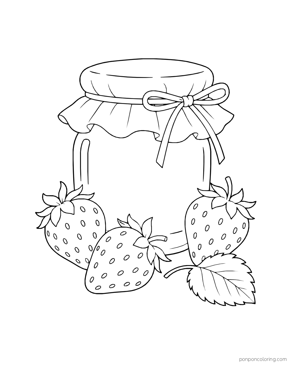 A cloth-topped jar tied with a bow sits among strawberries and one leaf.