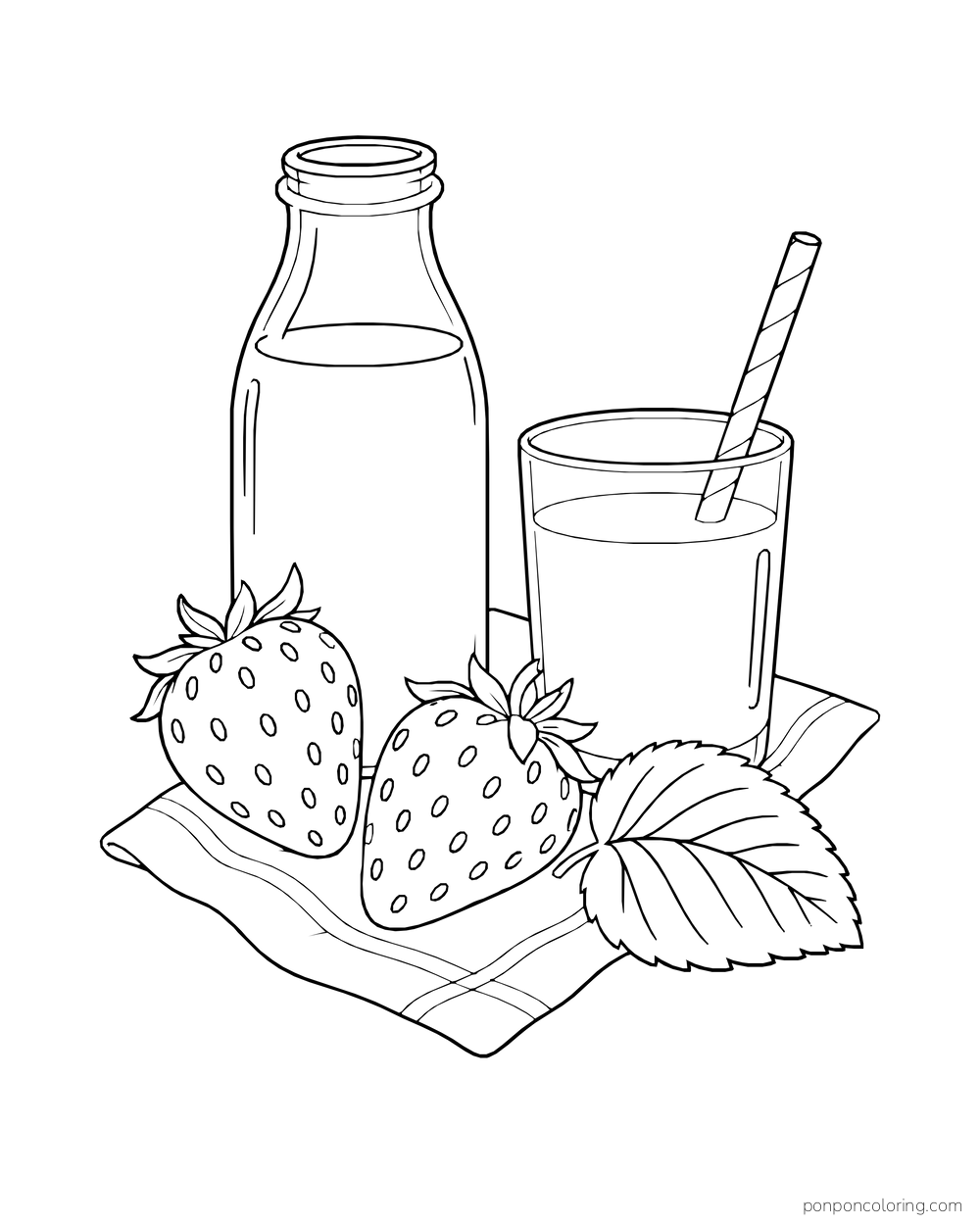A milk bottle and drinking glass stand behind two strawberries on a folded cloth.