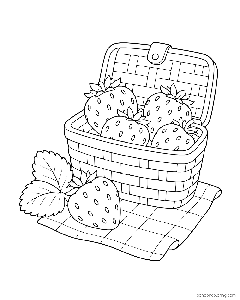 Four strawberries in an open picnic basket with another berry and two leaves on a checkered cloth.