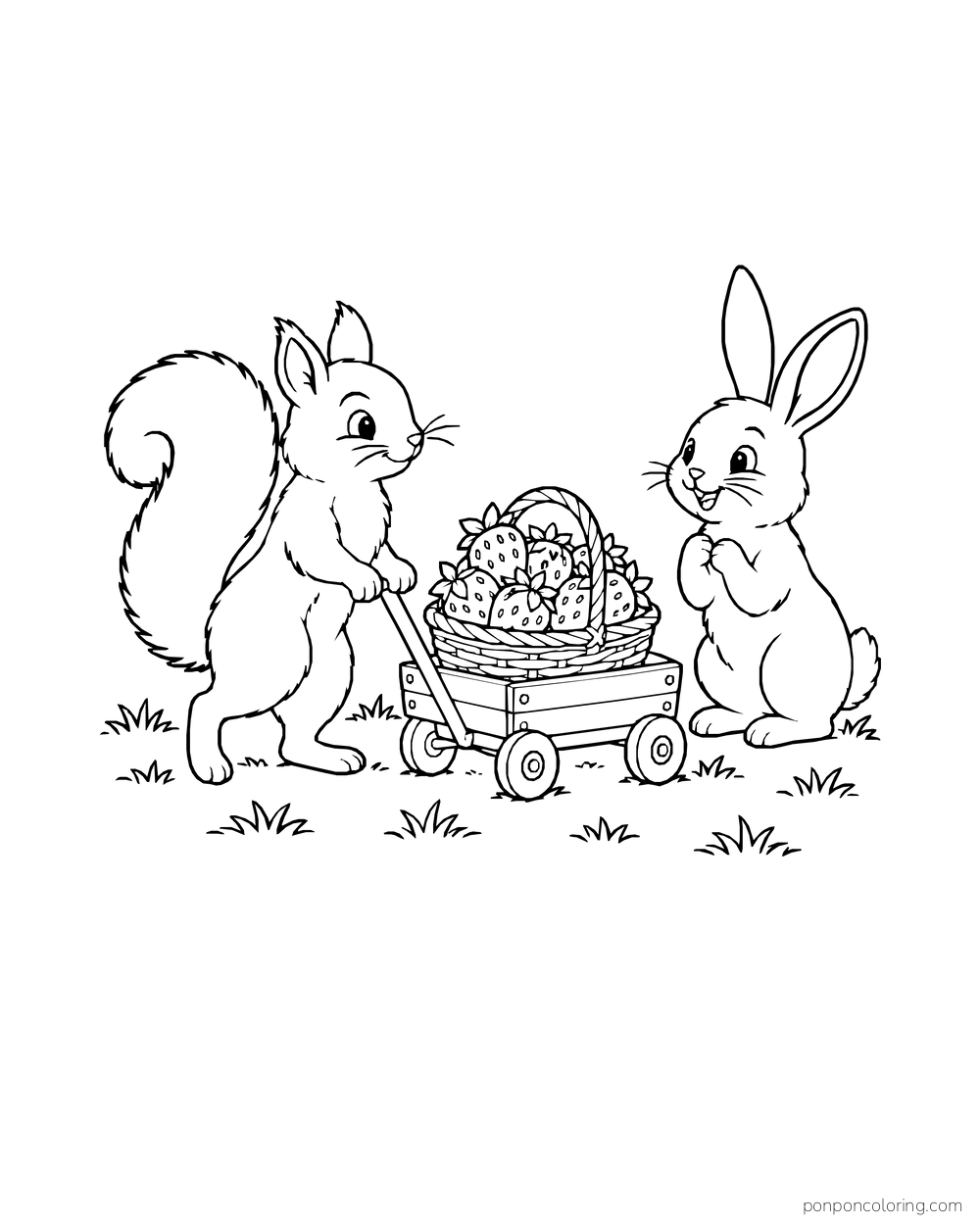 A squirrel pulls a small wagon of strawberries toward a waiting rabbit.