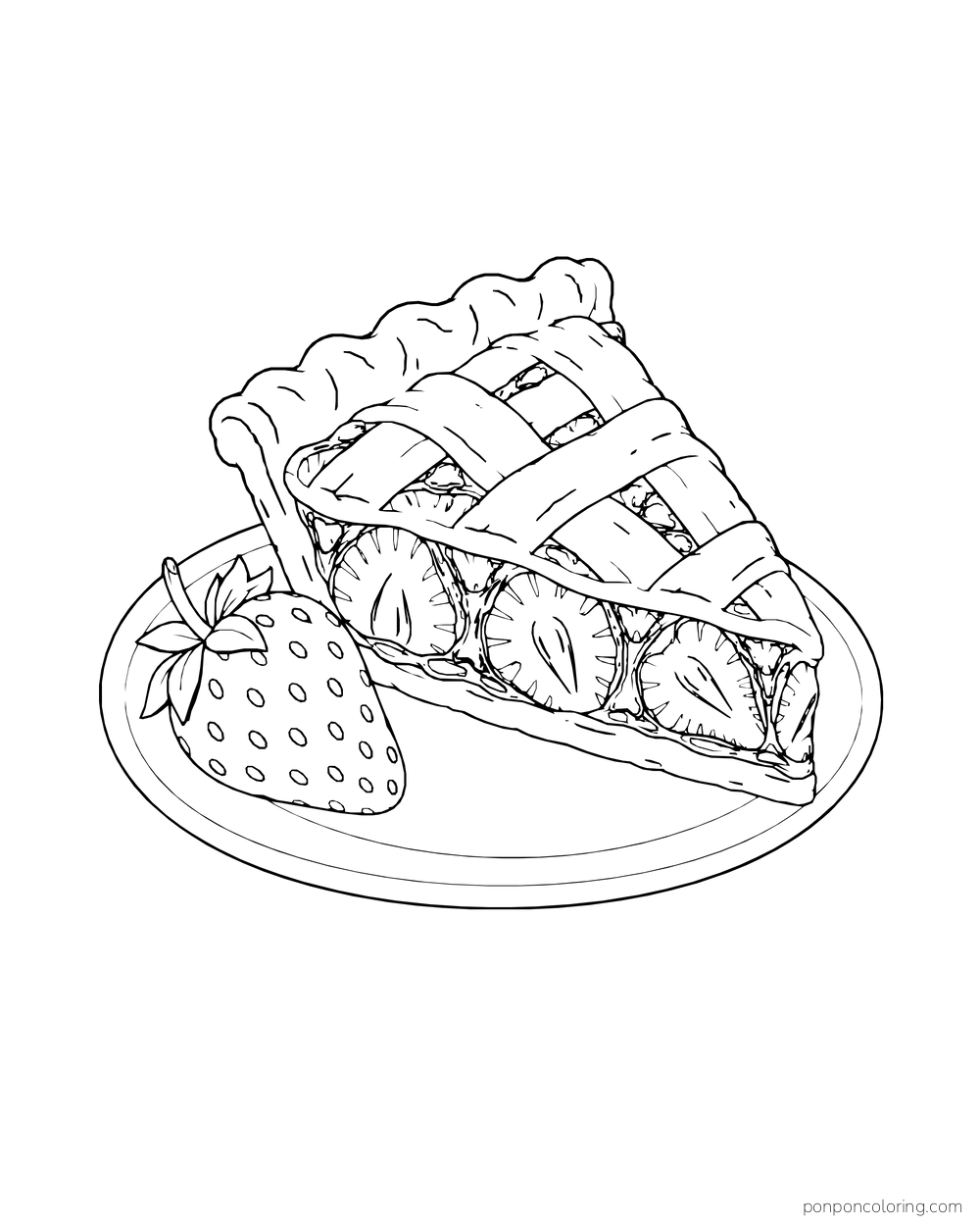 A lattice-topped slice of strawberry pie rests on a plate beside one whole berry.