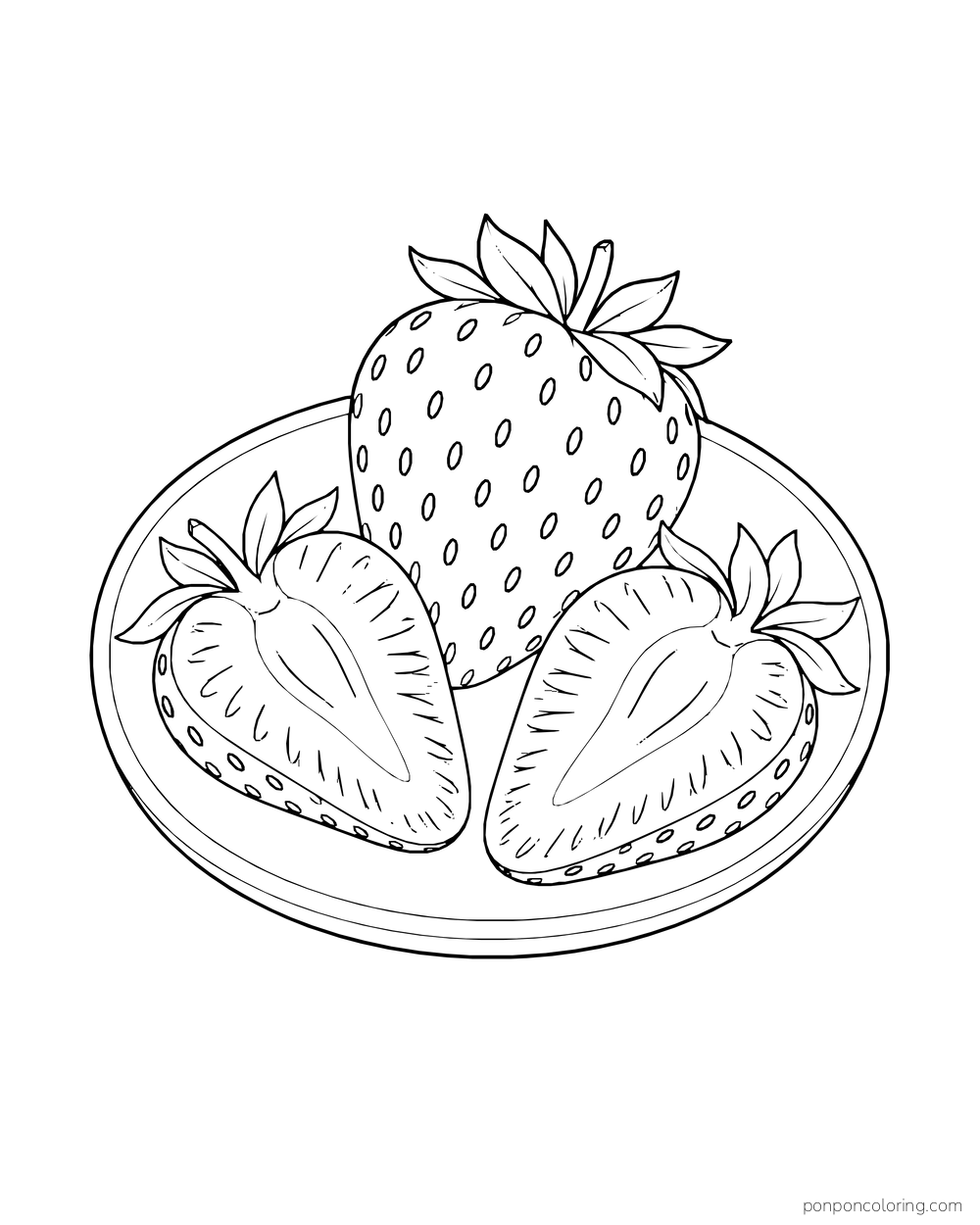 A whole strawberry and two cut halves fill a round plate.