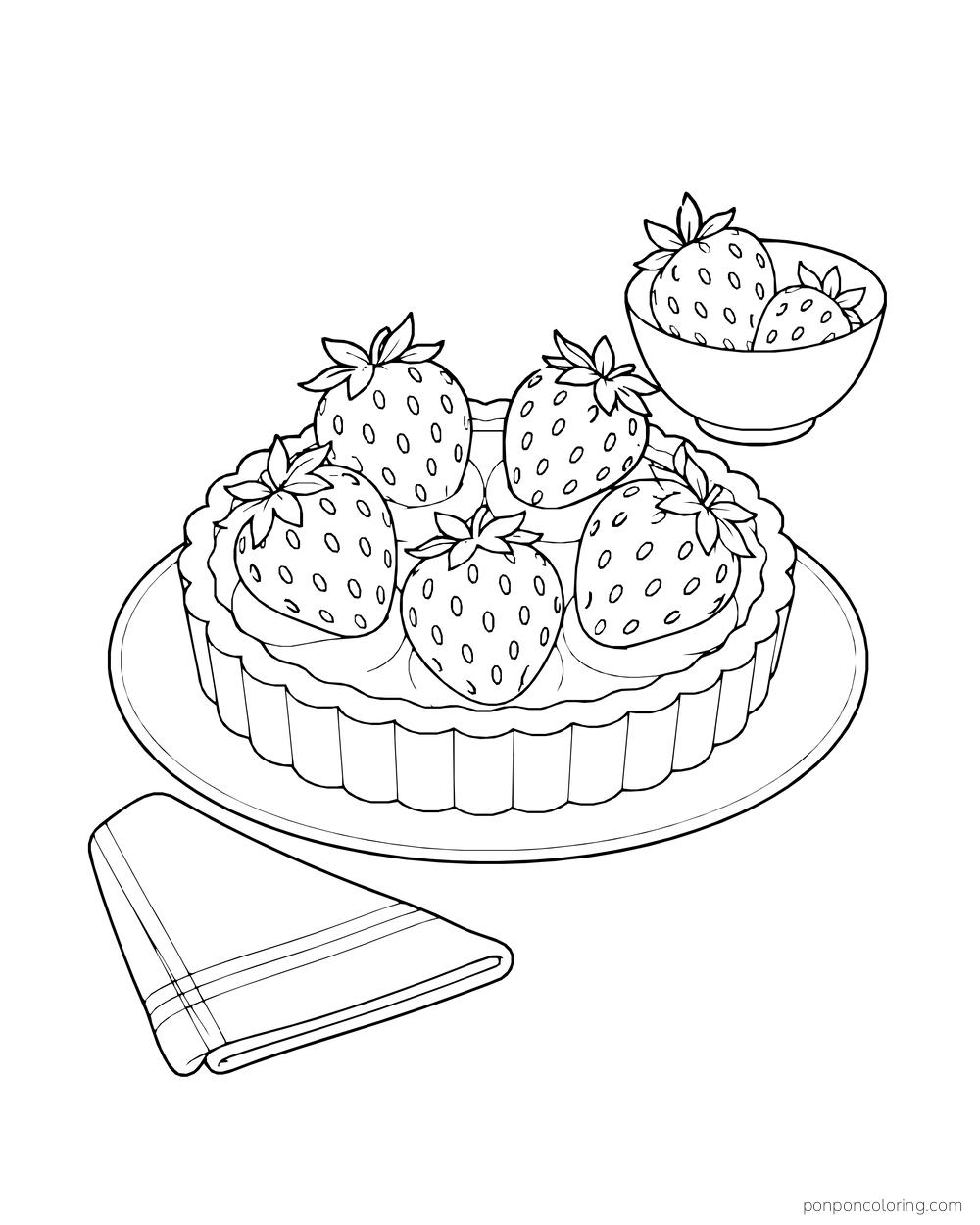 A small round strawberry tart rests on a plate beside a folded napkin, with another berry bowl behind it.